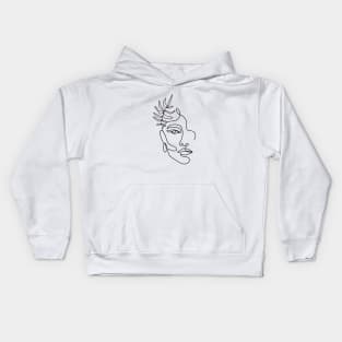 Minimal woman line art. One line woman face with tropical leaf. Kids Hoodie